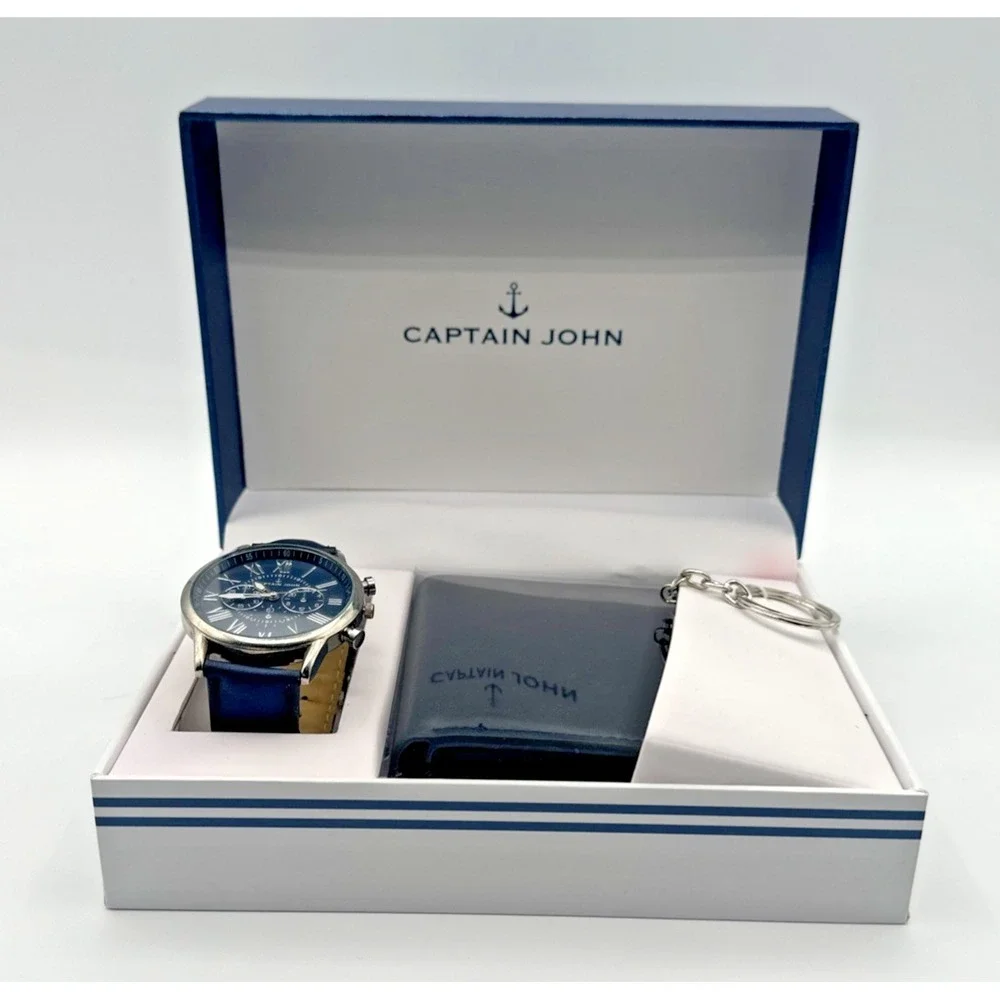 Captain John Nautical Anchor Mens Watch Wallet Keychain Gift‎ Set New in Box NIB